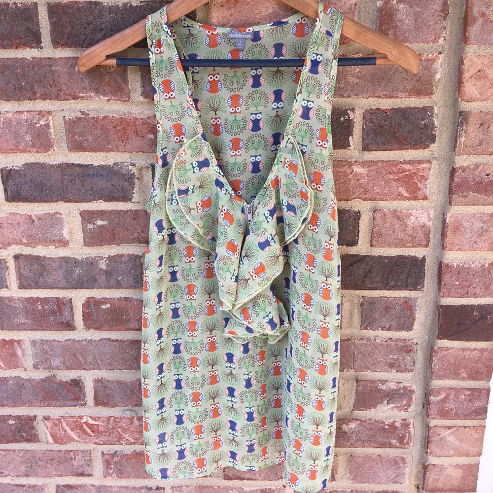 Charlotte Russe Owl Print Ruffle Blouse - Sheer